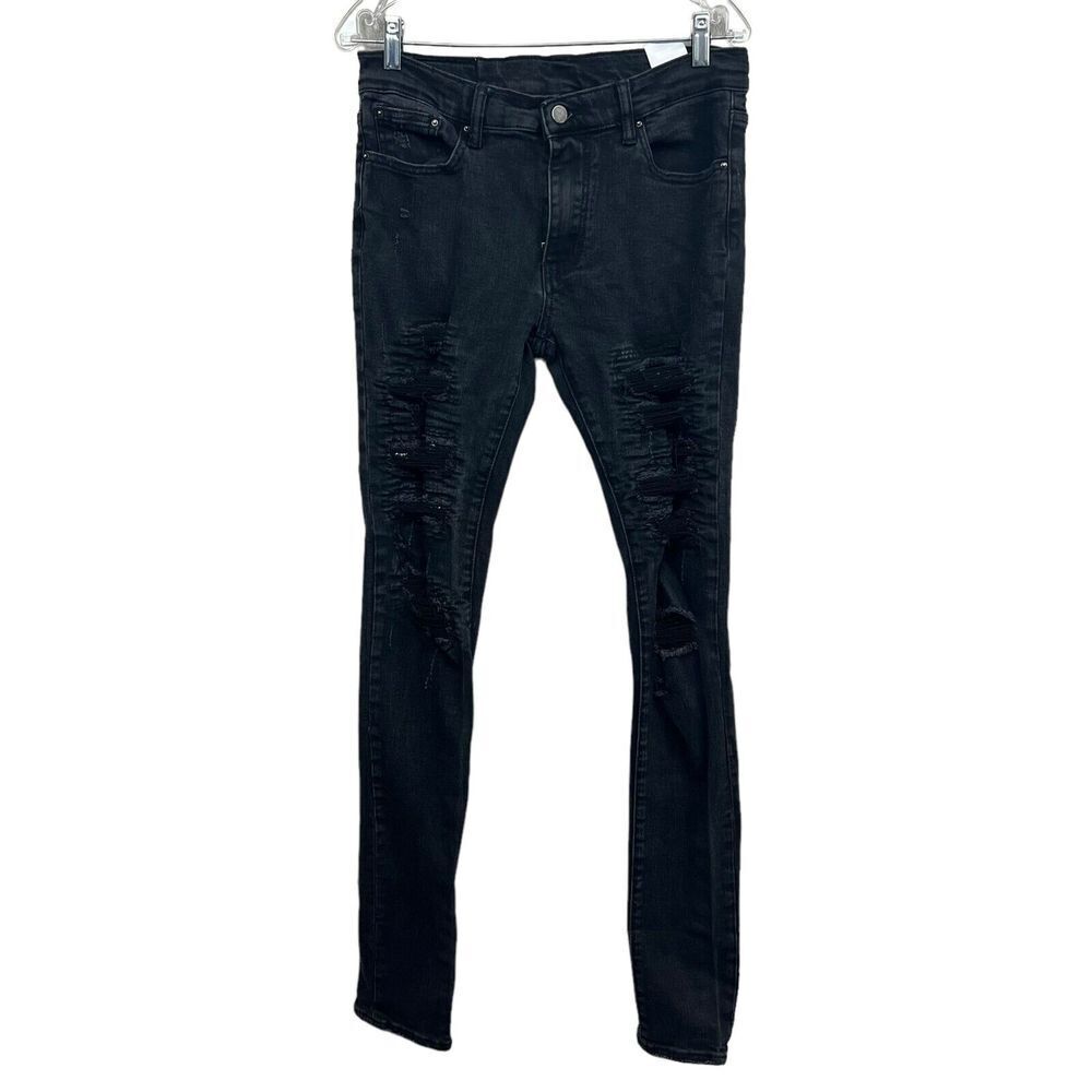 MNML Mens Jeans Stretch Slim Straight Distressed Raw Zip Fly Black Size 32W*